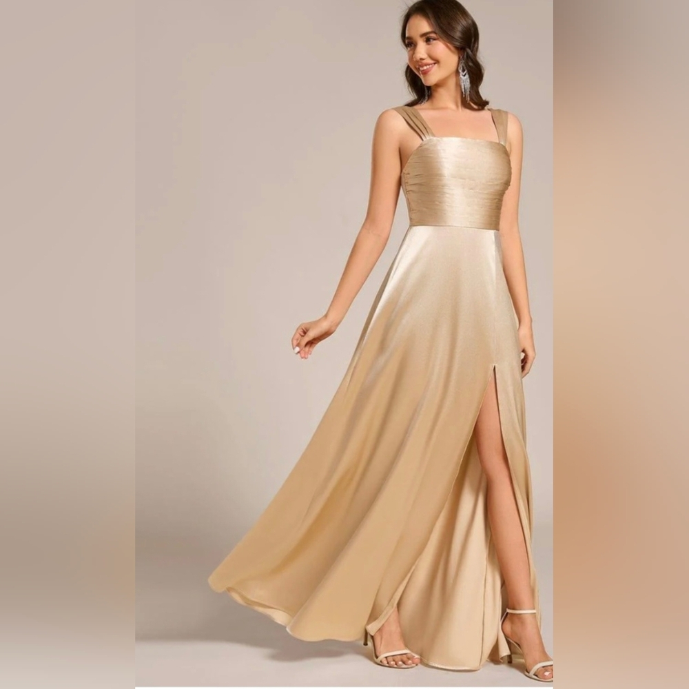 Champagne Satin Evening Dress W/Wide Straps Pleated Bodice, Side Slit - Picture 2 of 12